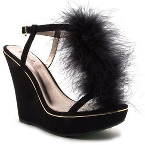 Qupid Feathered Heeled Wedge Sandal